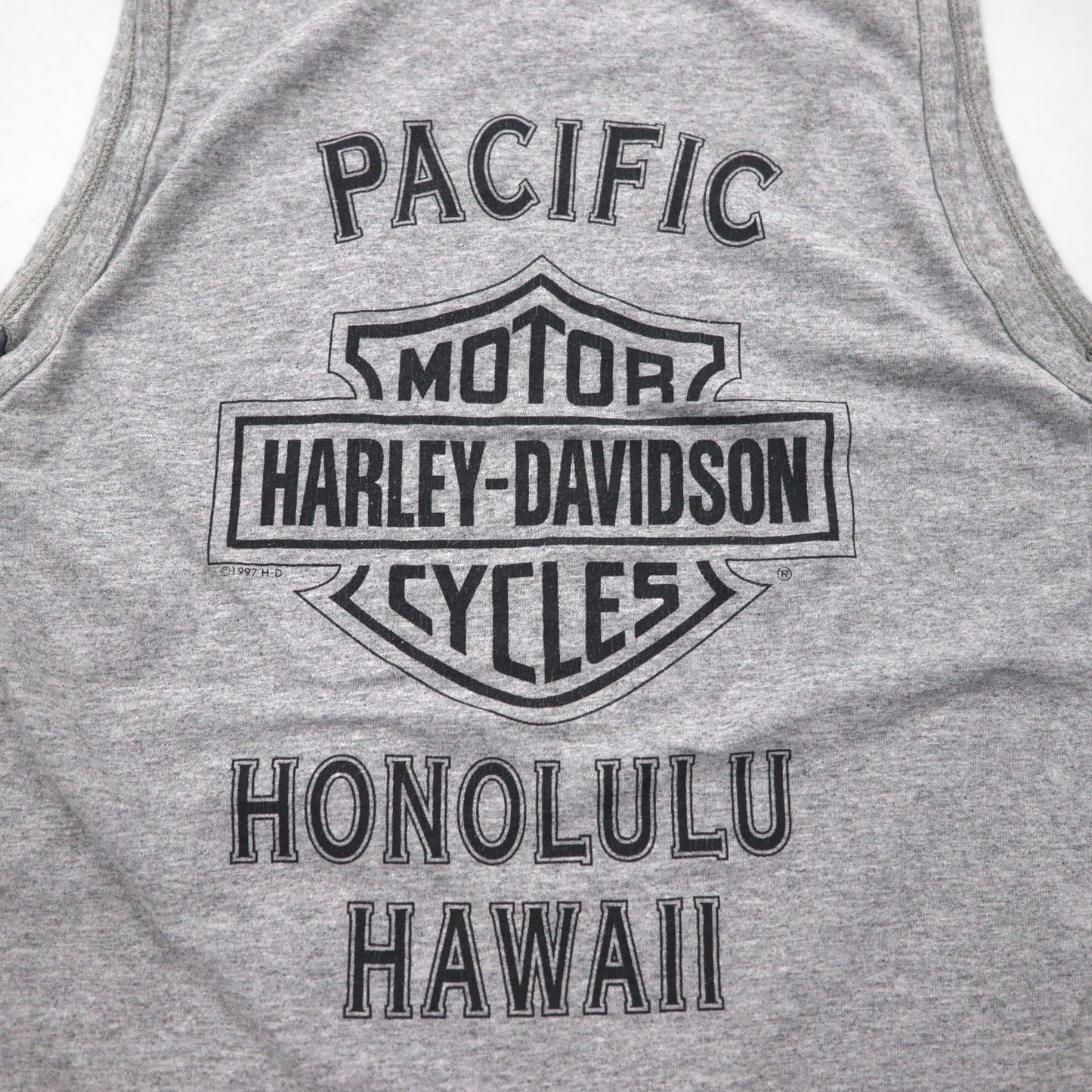 HARLEY DAVIDSON 90s Made in USA Tank Top, Size L, Gray Cotton, Honolulu, Hawaii, Double-Sided Print