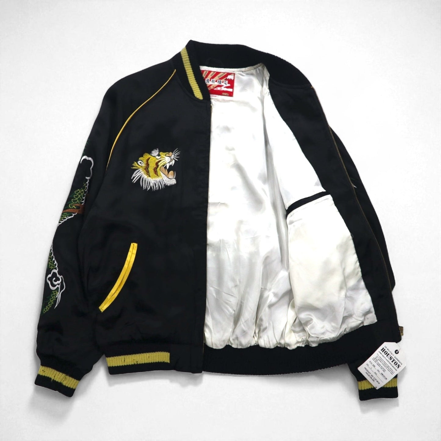 HOUSTON 90s Japanese-made Sukajan Jacket, Size L, Black Nylon, Embroidered with Tiger and Dragon Designs