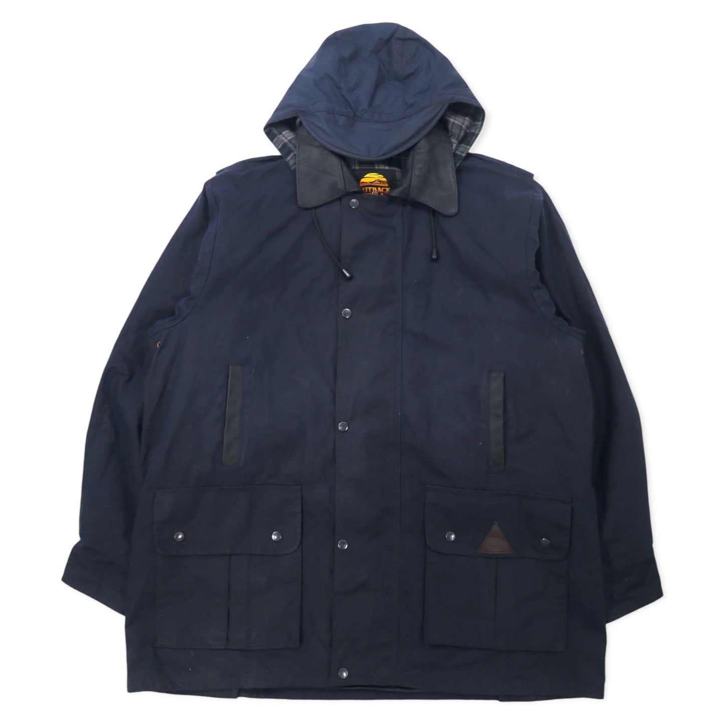 OUTBACK Australian-made oiled jacket, XXL, navy, cotton with leather accents, check lining, detachable hood, drawcord closure.