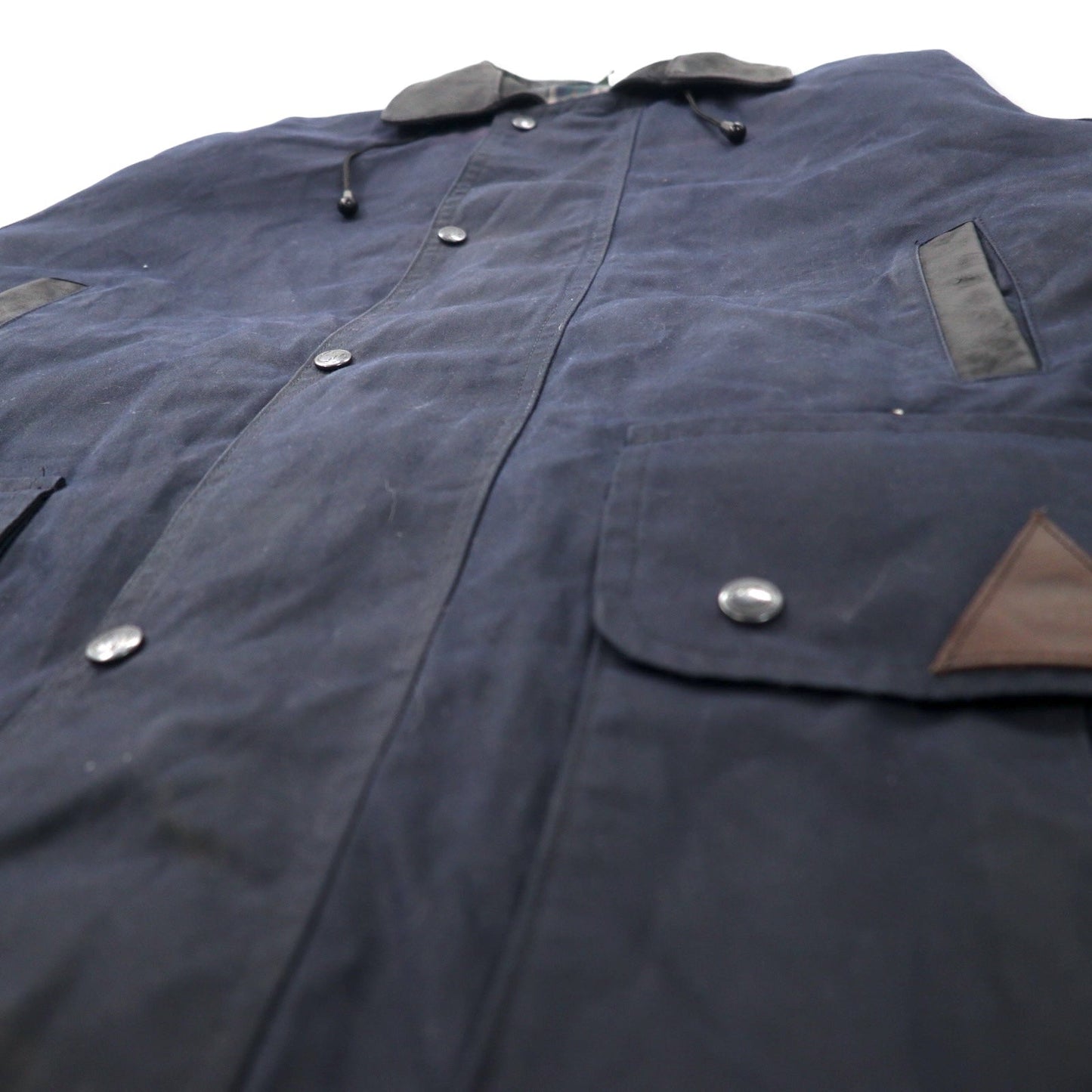 OUTBACK Australian-made oiled jacket, XXL, navy, cotton with leather accents, check lining, detachable hood, drawcord closure.