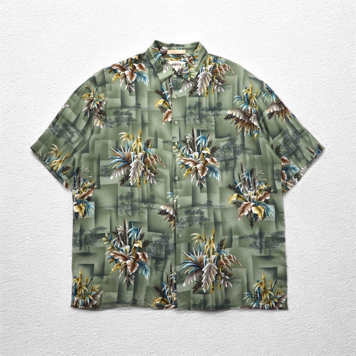 CAMPIA MODA Aloha Shirt, XL, Khaki, Rayon, All-Over Botanical Print, Chest Pocket