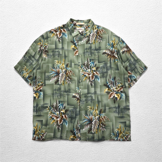 CAMPIA MODA Aloha Shirt, XL, Khaki, Rayon, All-Over Botanical Print, Chest Pocket