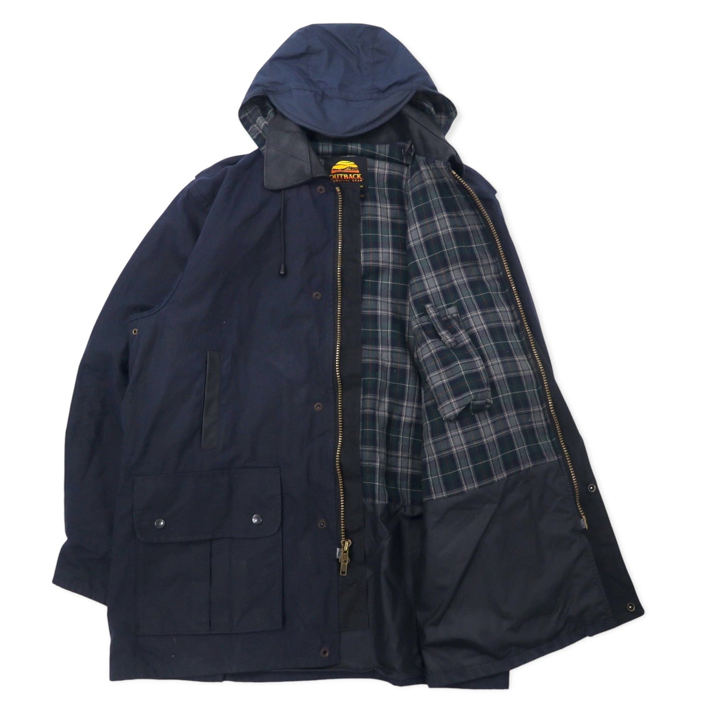 OUTBACK Australian-made oiled jacket, XXL, navy, cotton with leather accents, check lining, detachable hood, drawcord closure.