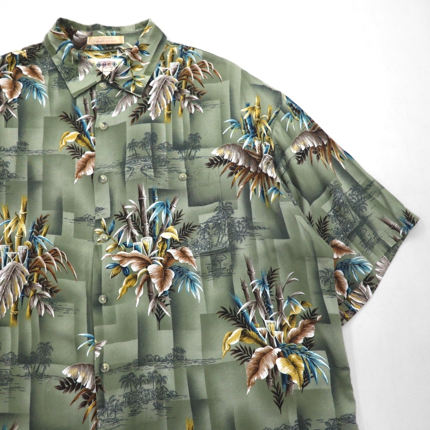 CAMPIA MODA Aloha Shirt, XL, Khaki, Rayon, All-Over Botanical Print, Chest Pocket