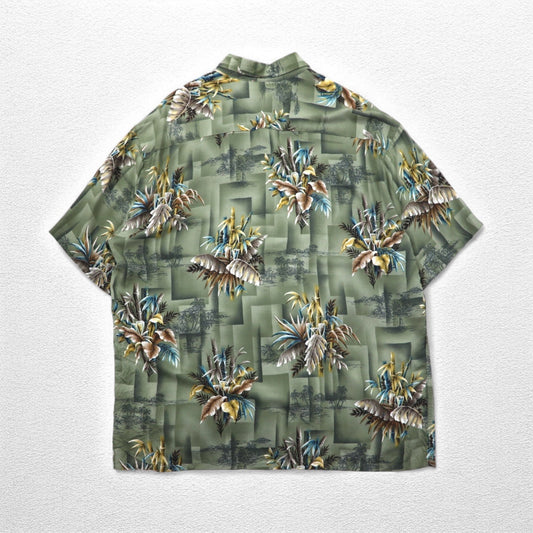 CAMPIA MODA Aloha Shirt, XL, Khaki, Rayon, All-Over Botanical Print, Chest Pocket