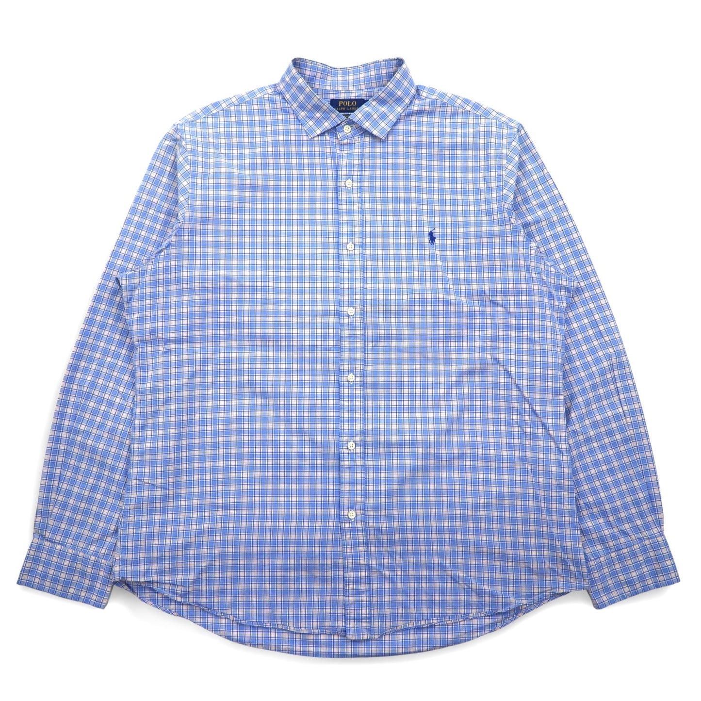 POLO RALPH LAUREN ビッグサイズ ワイドカラー ドレスシャツ XXL ブルー チェック コットン ストレッチ スモールポニー
