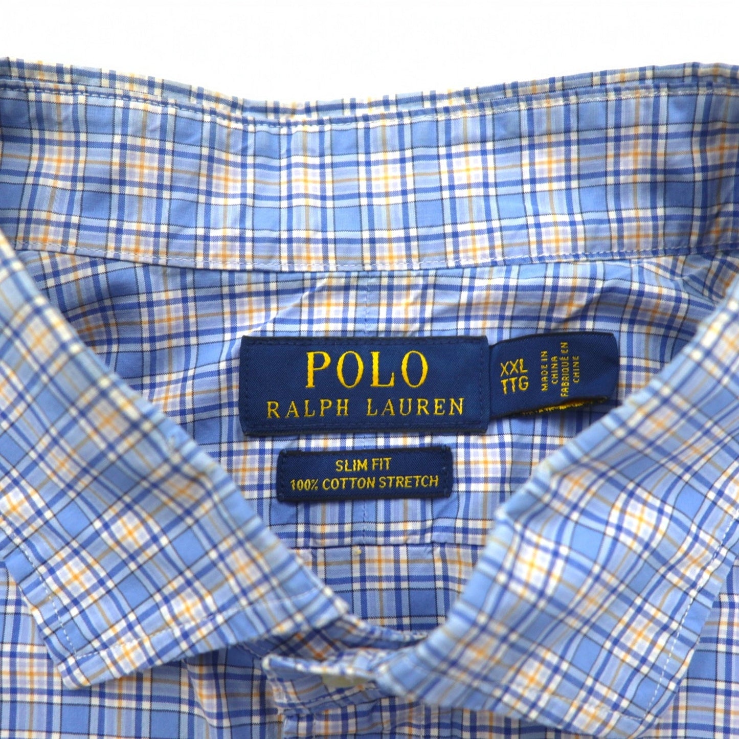POLO RALPH LAUREN ビッグサイズ ワイドカラー ドレスシャツ XXL ブルー チェック コットン ストレッチ スモールポニー