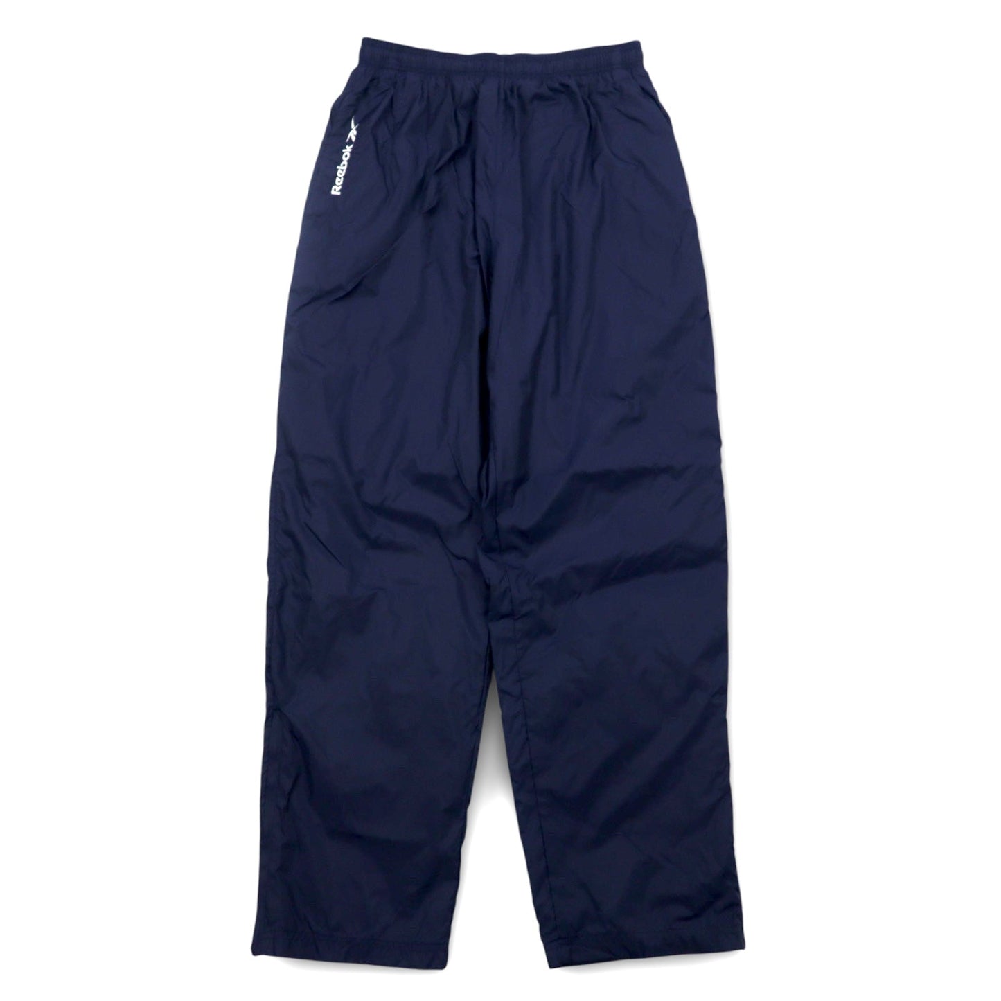 Reebok 90s Nylon Track Pants, Size L, Navy, Vector Logo Embroidery, Slits, Zippered Hems