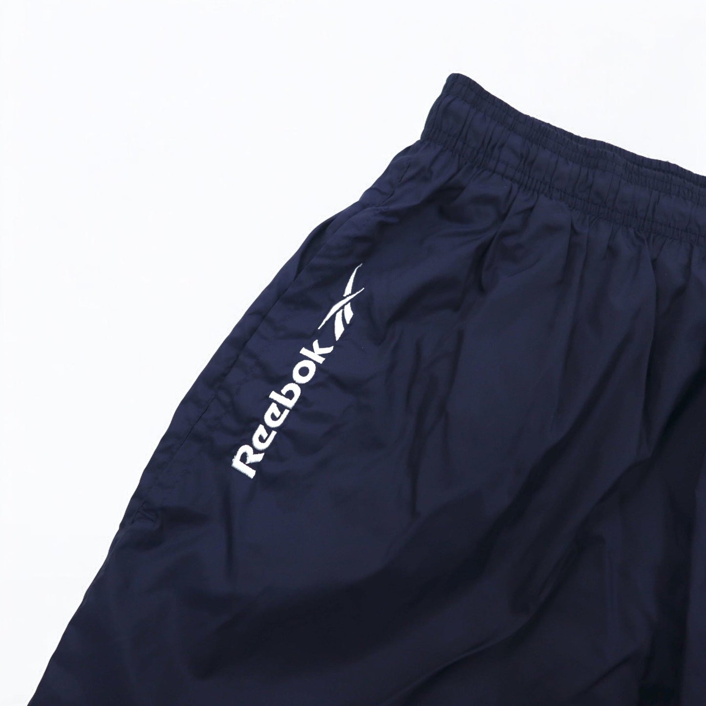 Reebok 90s Nylon Track Pants, Size L, Navy, Vector Logo Embroidery, Slits, Zippered Hems