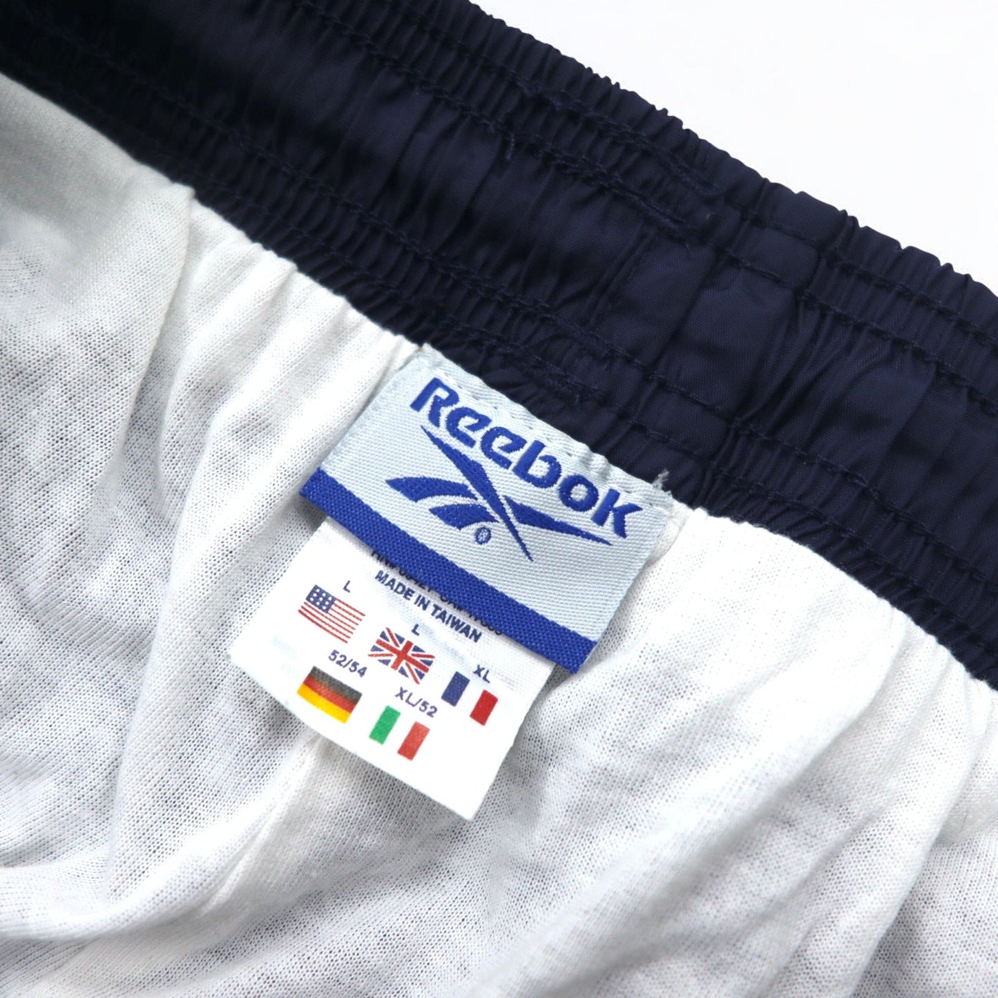 Reebok 90s Nylon Track Pants, Size L, Navy, Vector Logo Embroidery, Slits, Zippered Hems