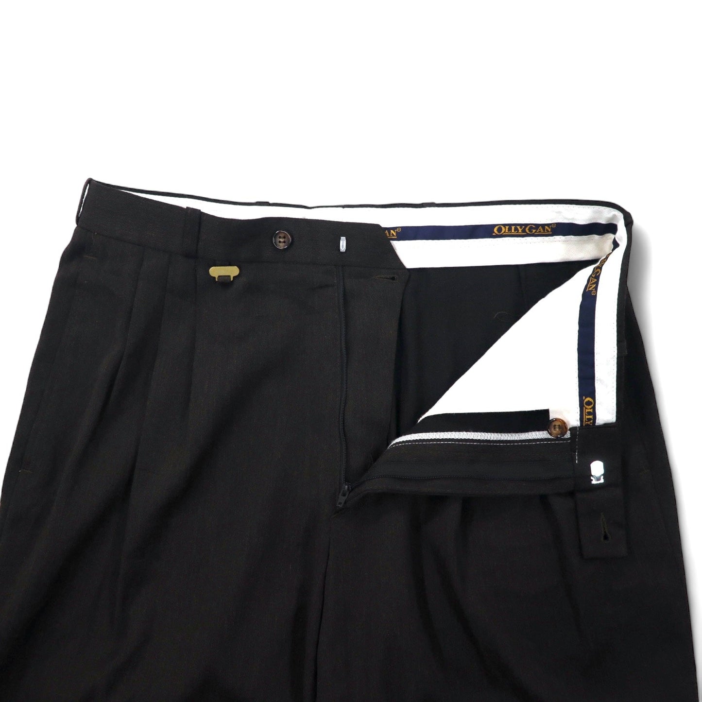 90s OLLY GAN 3-pleat wide-leg slacks, size 44, brown, polyester and wool.