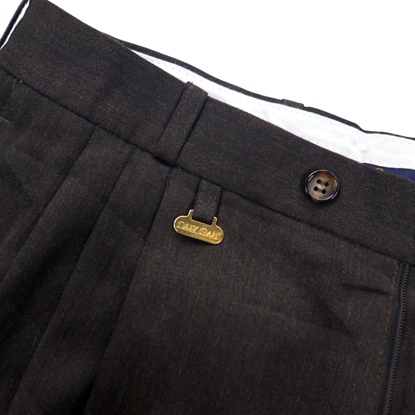 90s OLLY GAN 3-pleat wide-leg slacks, size 44, brown, polyester and wool.