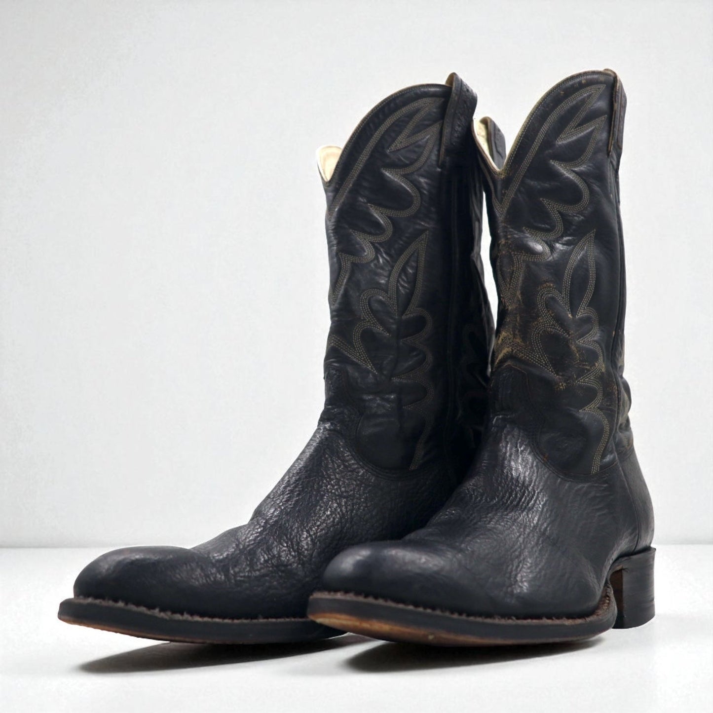 Vintage 90s Leather Cowboy Western Boots by Cristobal Romero, Size 27.5cm, Stitch Embroidery, 9622