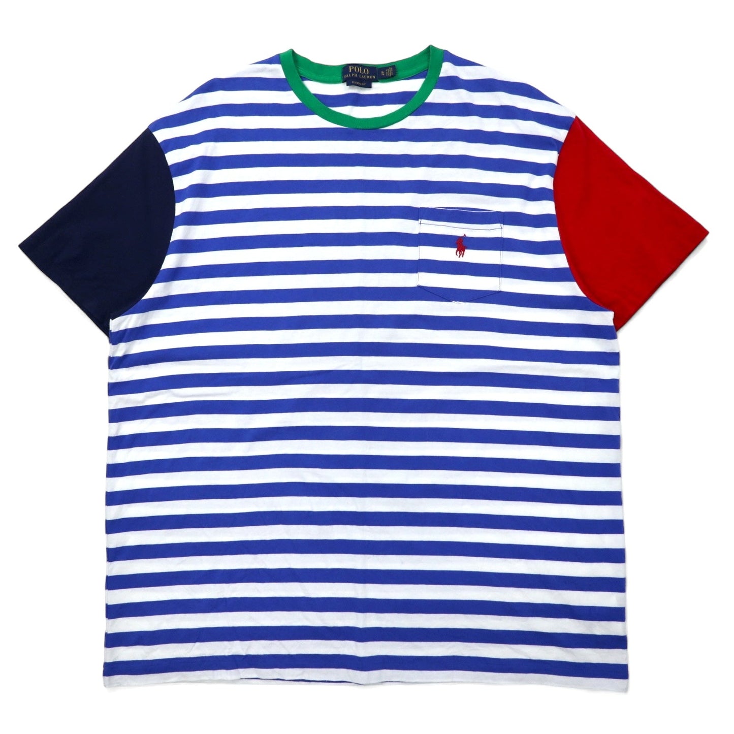 POLO RALPH LAUREN Classic Fit Striped T-Shirt, Pocket T, XL, Blue and White Cotton, Color Block, Small Pony Embroidery