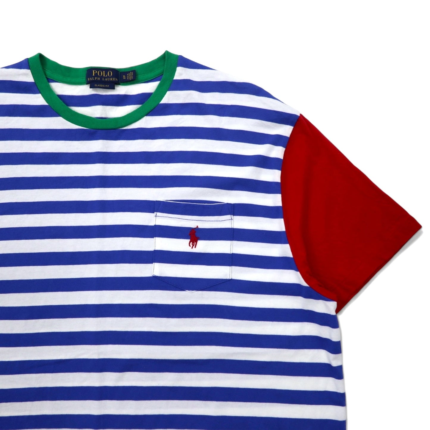 POLO RALPH LAUREN Classic Fit Striped T-Shirt, Pocket T, XL, Blue and White Cotton, Color Block, Small Pony Embroidery