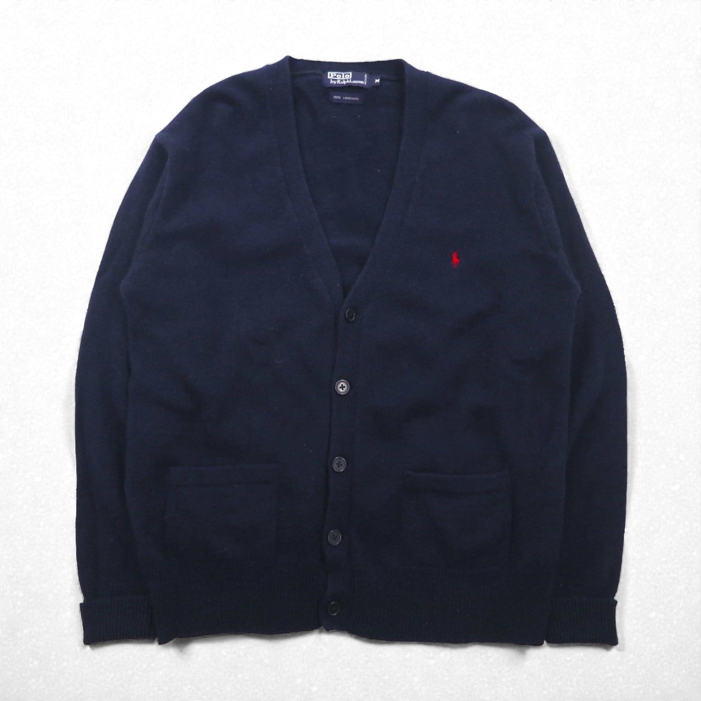Polo Ralph Lauren 90年代 ラムウール ニット Vネック カーディガン M ネイビー 羊毛 スモールポニー刺繡