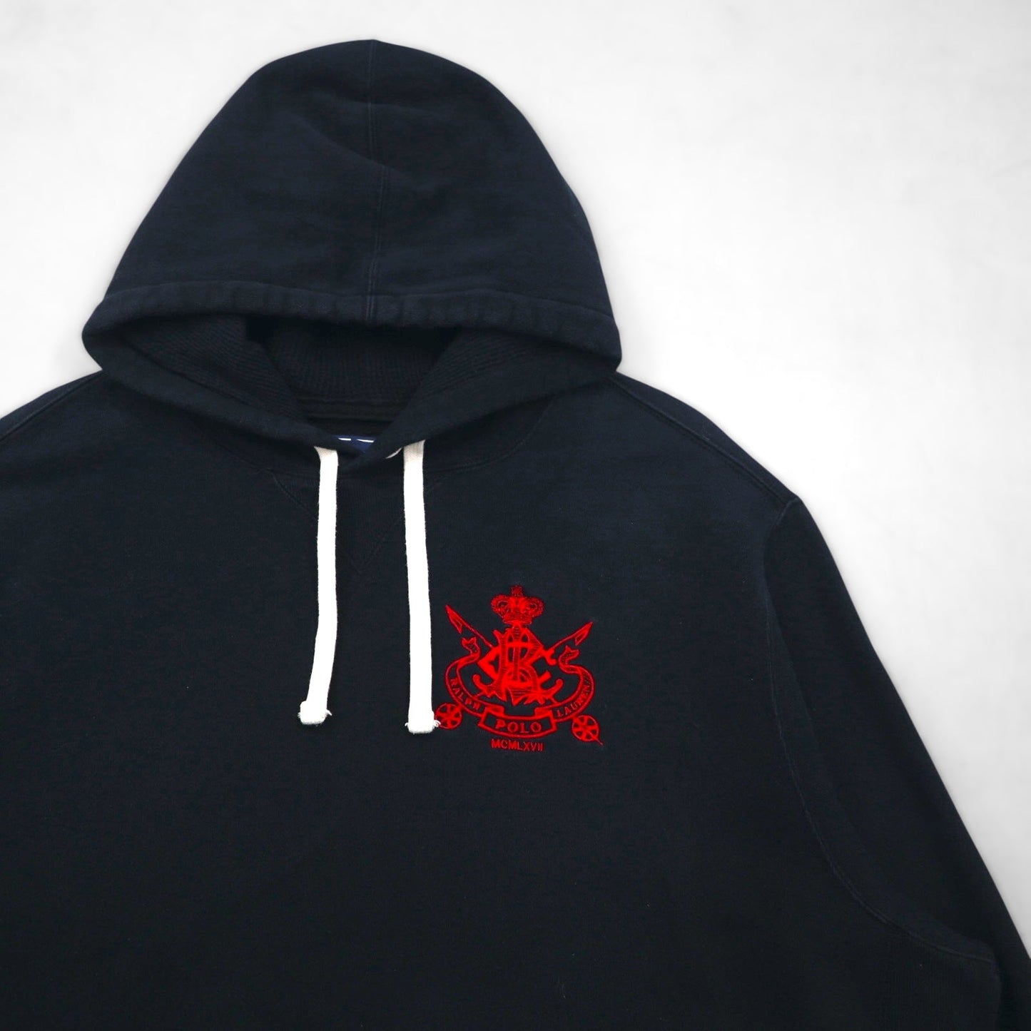 Polo Ralph Lauren 90年代 リバースウィーブ 前V プルオーバー パーカー XL ブラック エンブレム ロゴ 刺繍