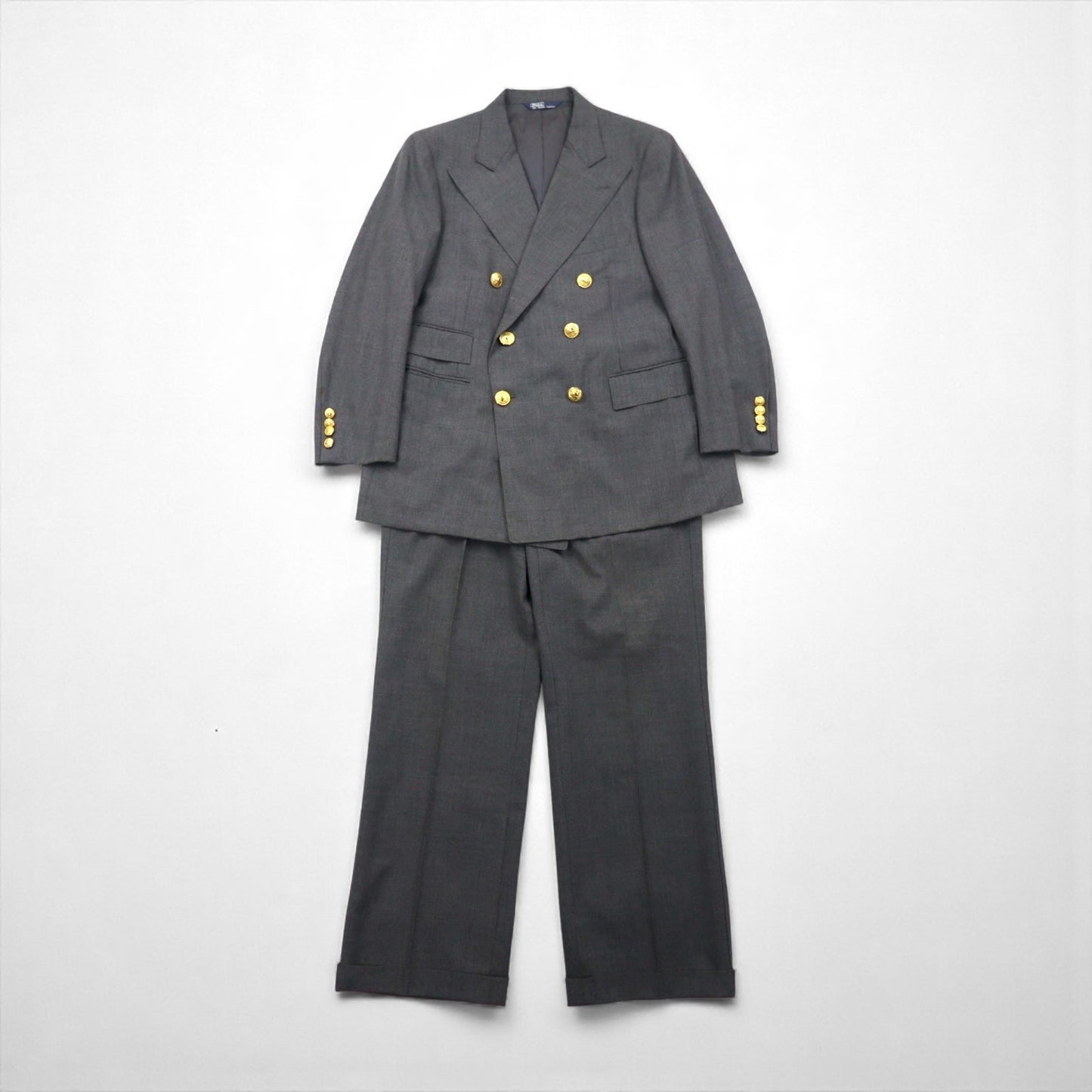 Polo Ralph Lauren 80年代 日本製 ピークドラペル ダブルブレスト セットアップ スーツ M グレー 金ボタン