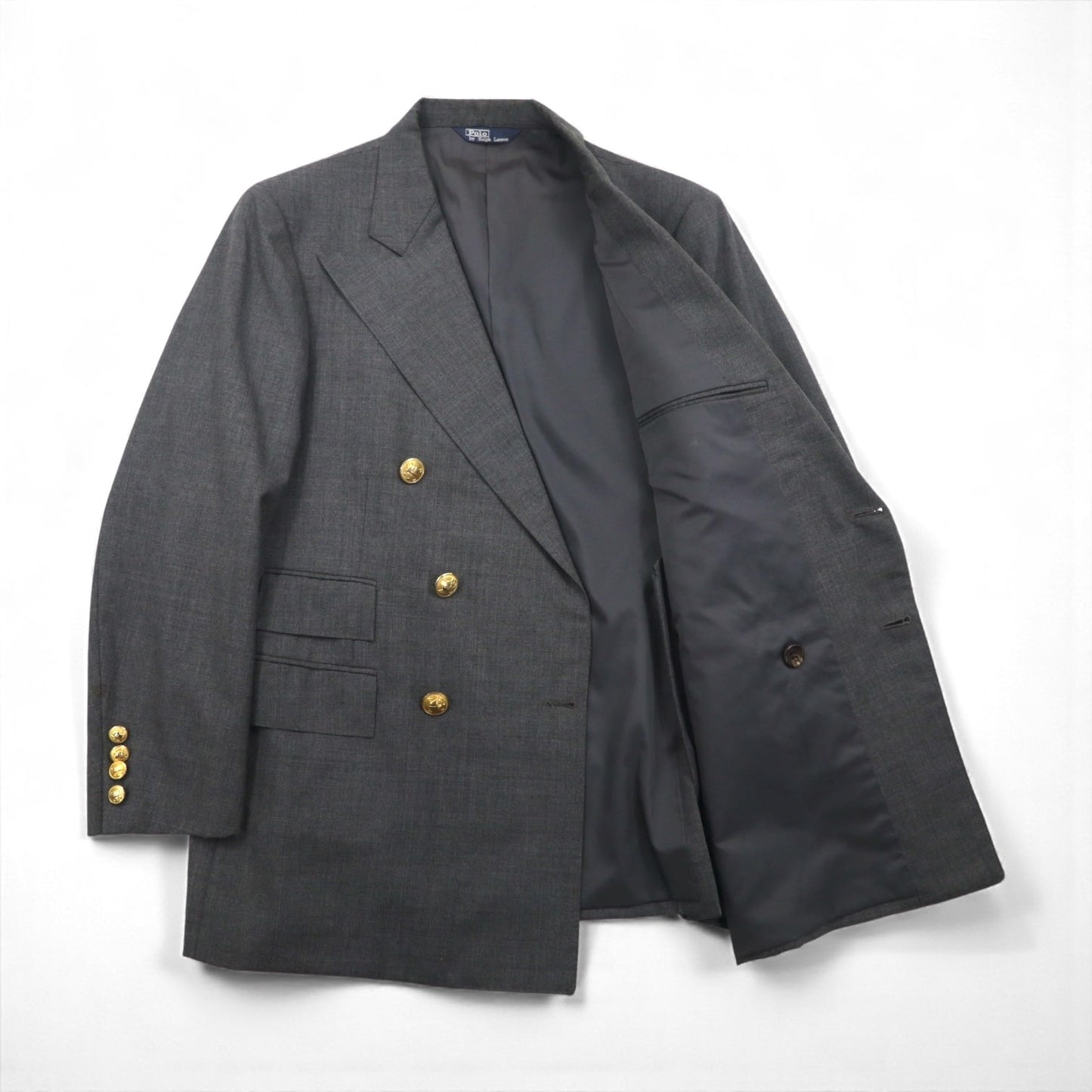 Polo Ralph Lauren 80年代 日本製 ピークドラペル ダブルブレスト セットアップ スーツ M グレー 金ボタン