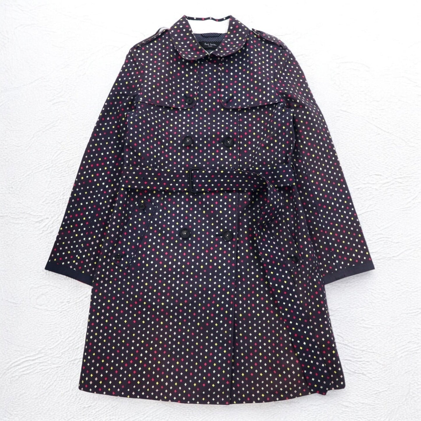 Paul Smith BLACK Rubberized Trench Coat, Size L, Navy, All-Over Dot Pattern, Double-Breasted, Belted, Waterproof