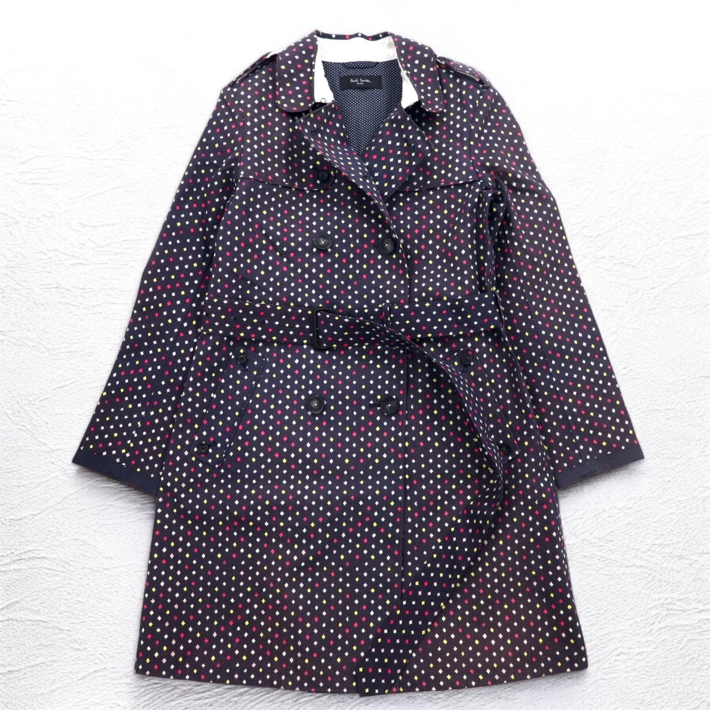 Paul Smith BLACK Rubberized Trench Coat, Size L, Navy, All-Over Dot Pattern, Double-Breasted, Belted, Waterproof