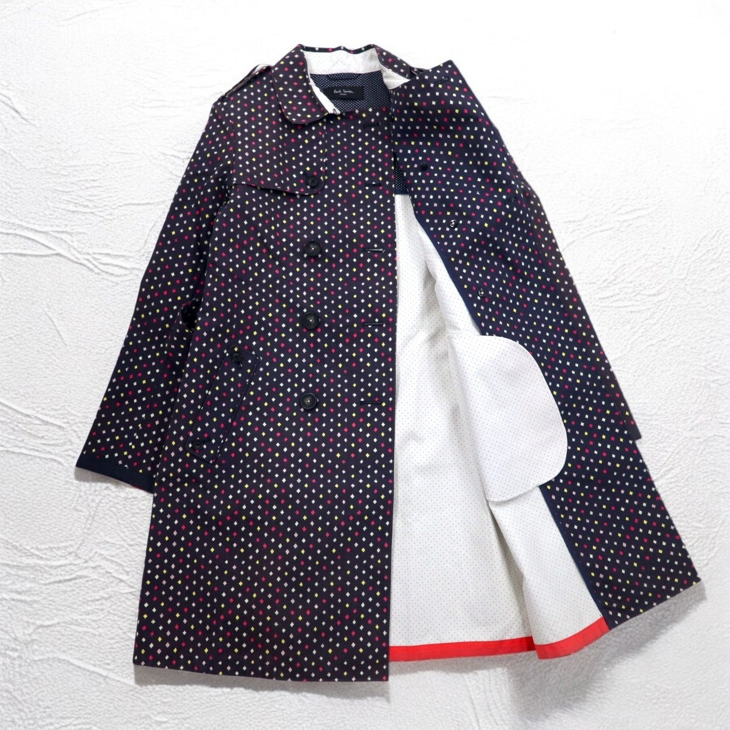 Paul Smith BLACK Rubberized Trench Coat, Size L, Navy, All-Over Dot Pattern, Double-Breasted, Belted, Waterproof