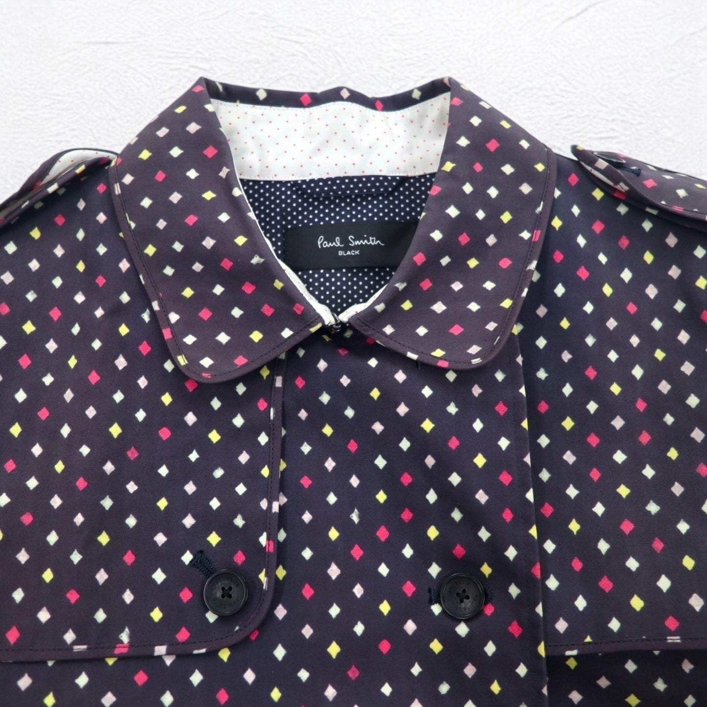 Paul Smith BLACK Rubberized Trench Coat, Size L, Navy, All-Over Dot Pattern, Double-Breasted, Belted, Waterproof