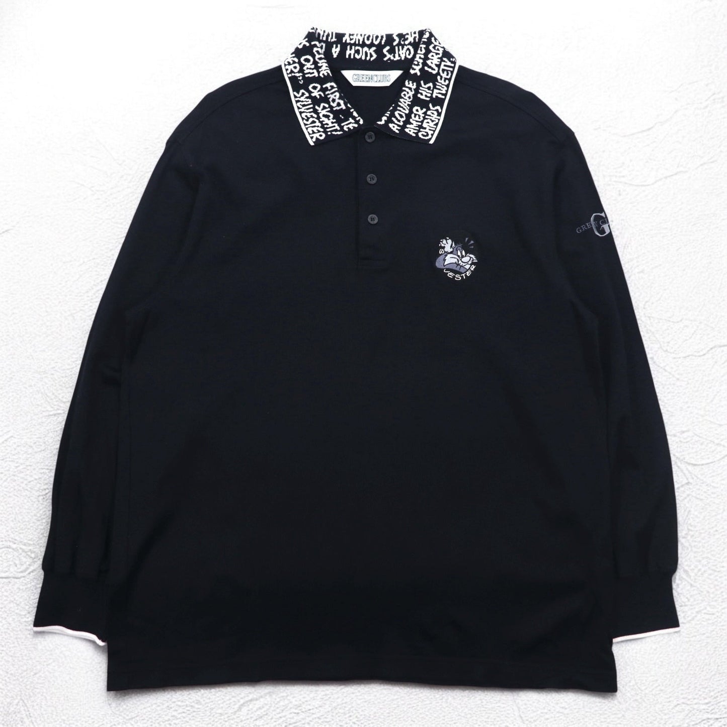 GREEN CLUBS x Warner Bros. 90s Long Sleeve Polo Shirt, XL, Black, Pique, Looney Tunes, Sylvester Cat, Made in Japan