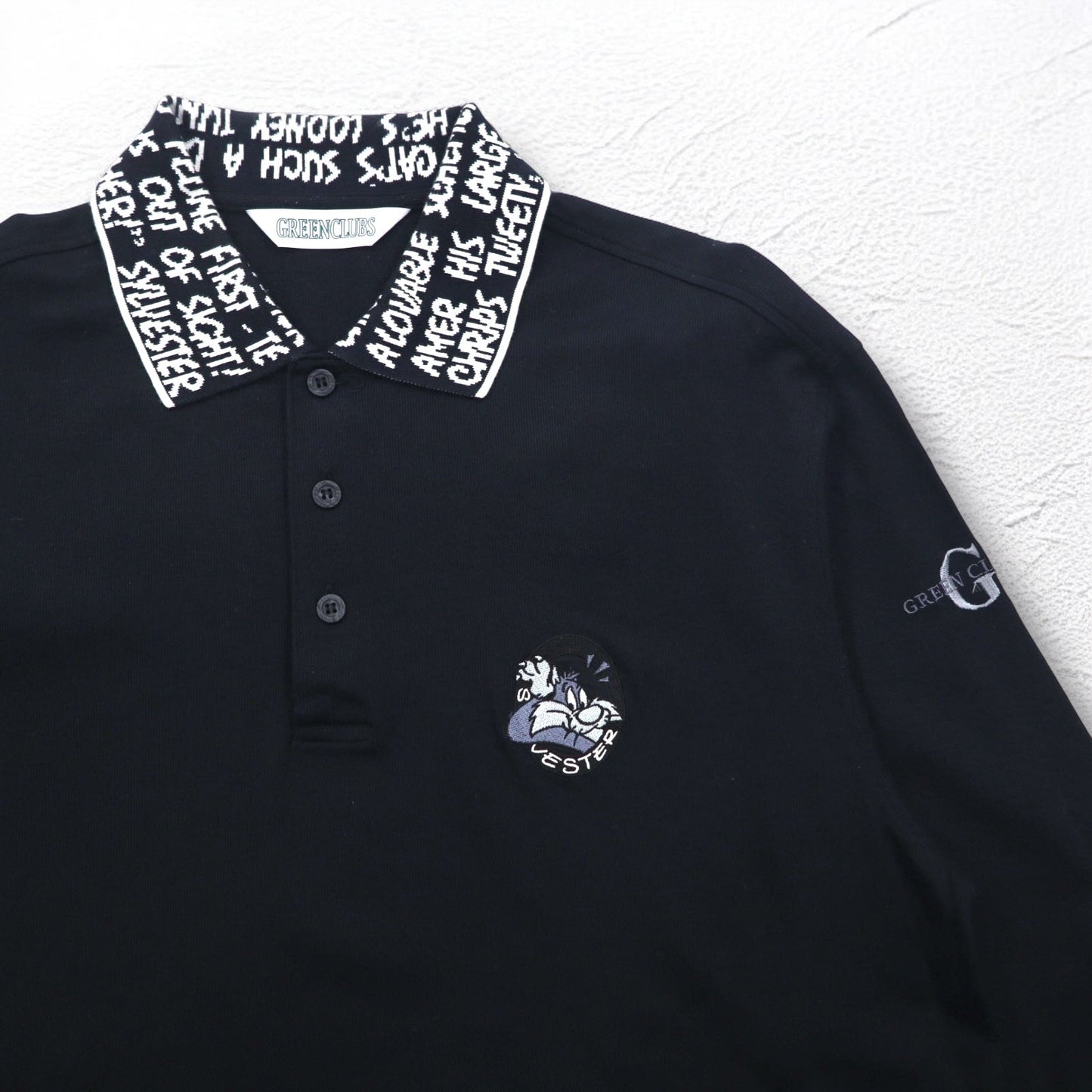 GREEN CLUBS x Warner Bros. 90s Long Sleeve Polo Shirt, XL, Black, Pique, Looney Tunes, Sylvester Cat, Made in Japan
