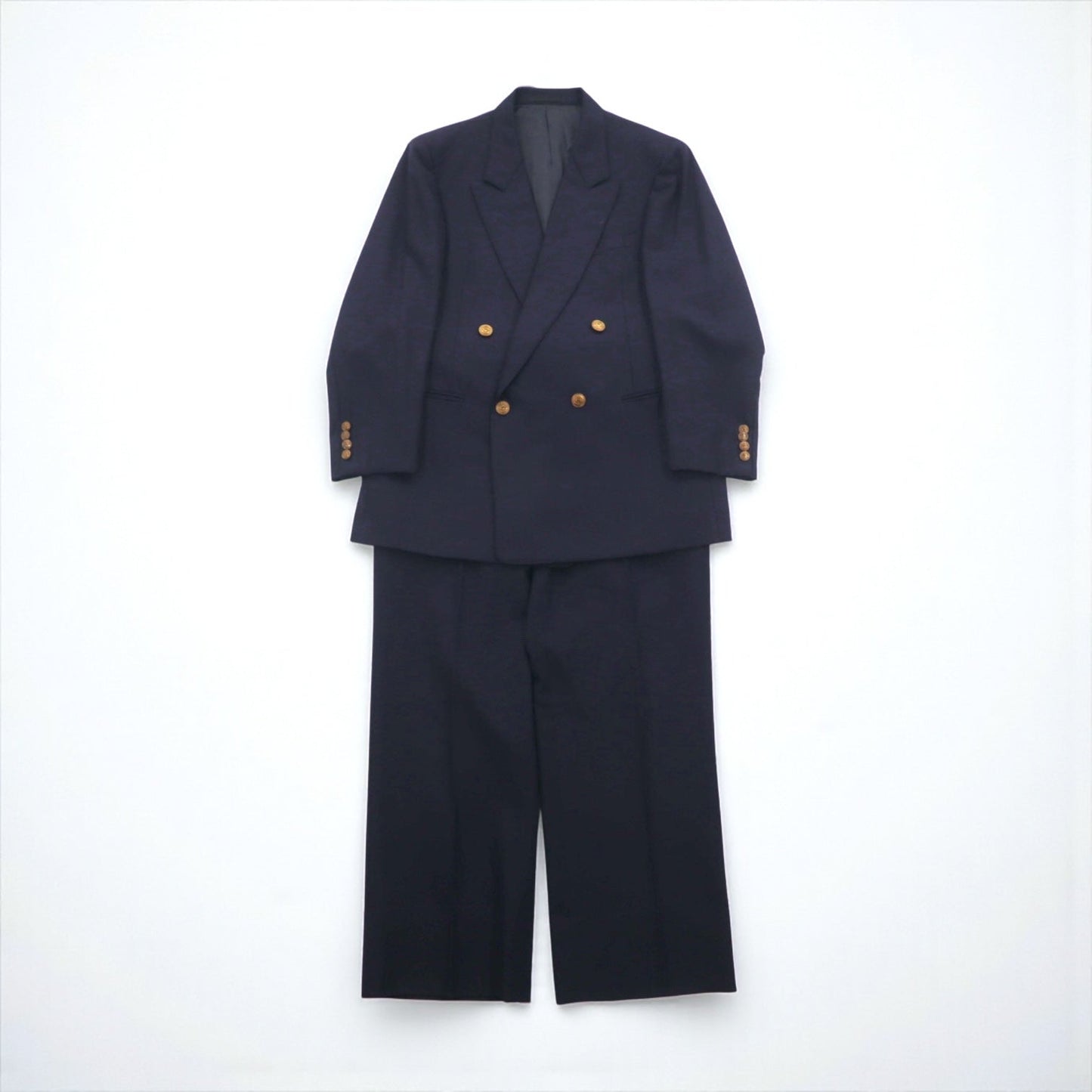 BURBERRY 80年代 日本製 ピークドラペル ダブルブレスト セットアップ スーツ S ネイビー ウール TASMANIA WOOL 紺ブレ 金ボタン ギャバジン