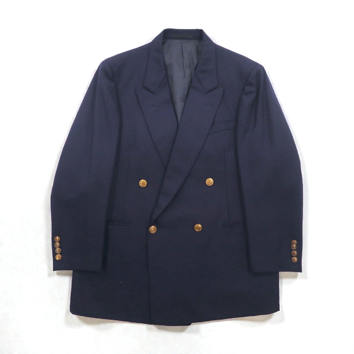 BURBERRY 80年代 日本製 ピークドラペル ダブルブレスト セットアップ スーツ S ネイビー ウール TASMANIA WOOL 紺ブレ 金ボタン ギャバジン