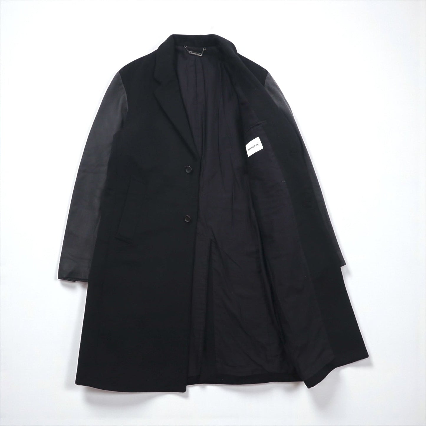 monkey time ( UNITED ARROWS ) 袖レザー 切り替え チェスターコート M ブラック ウール 1286-199-0379 ラムレザー