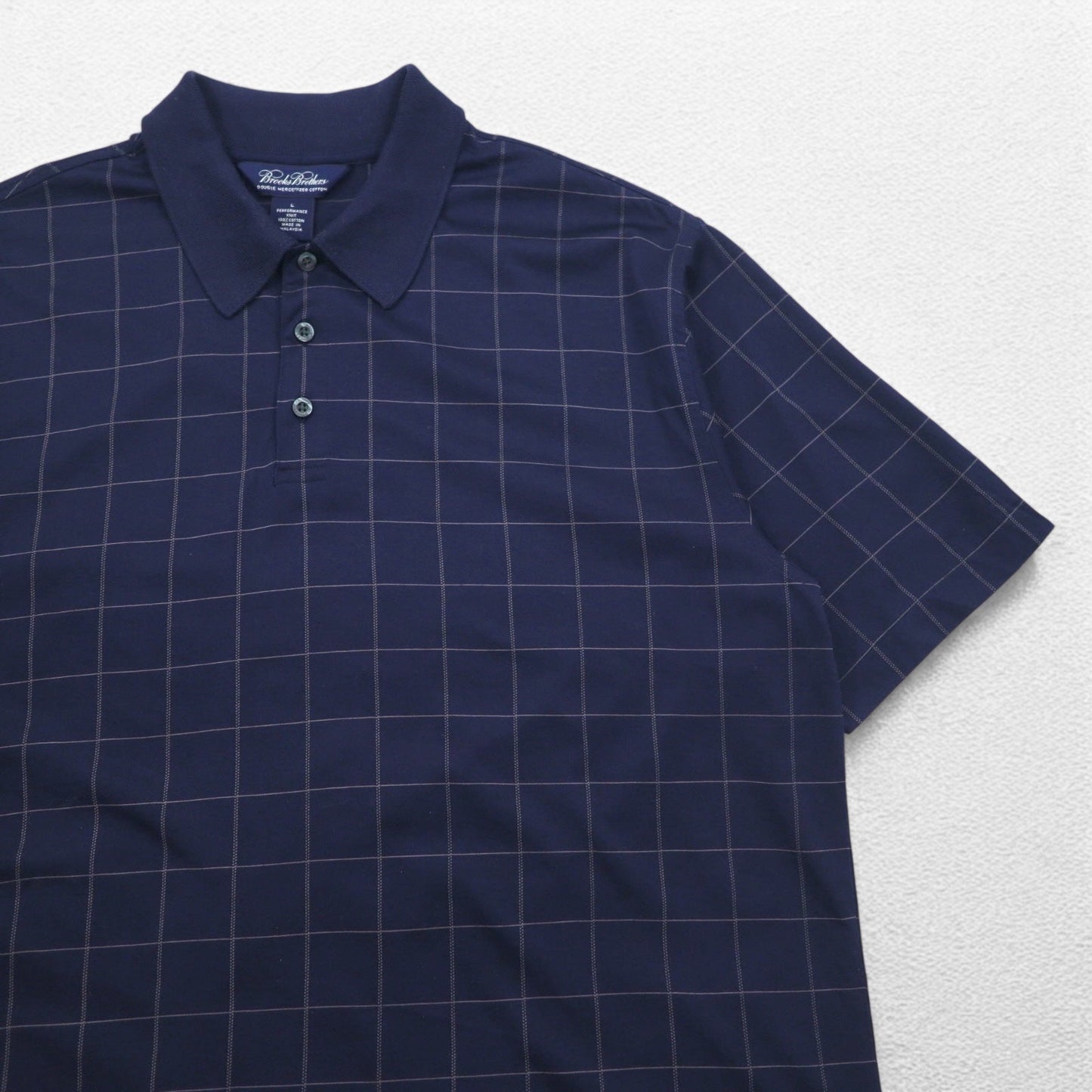 Brooks Brothers Performance Knit Polo Shirt, Navy Check, Large, Double Mercerized Cotton, Mercerized