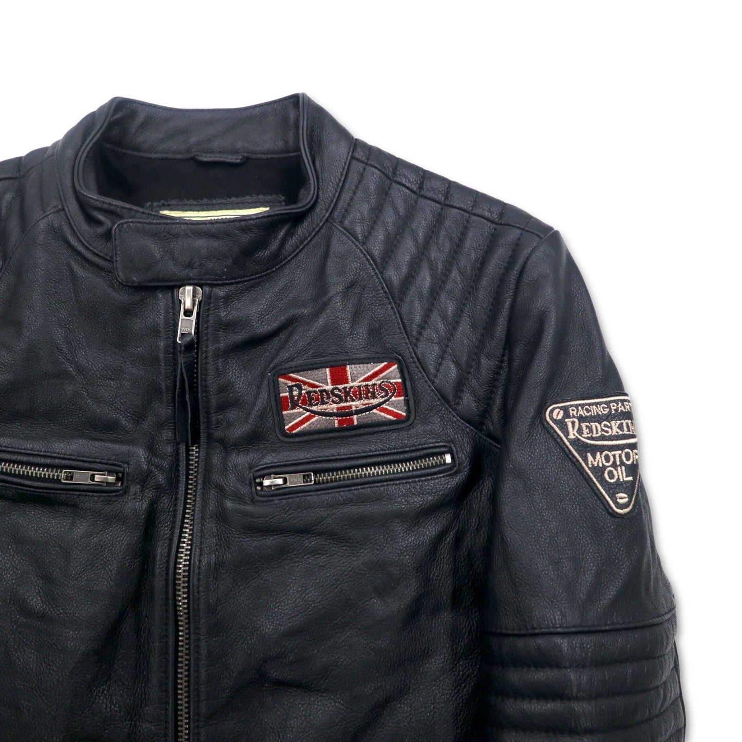 MOTORCYCLE TOGS REDSKINS シングル レザー ライダース バイカージャケット L ブラック ユニオンジャック ワッペン バックロゴ キルティング