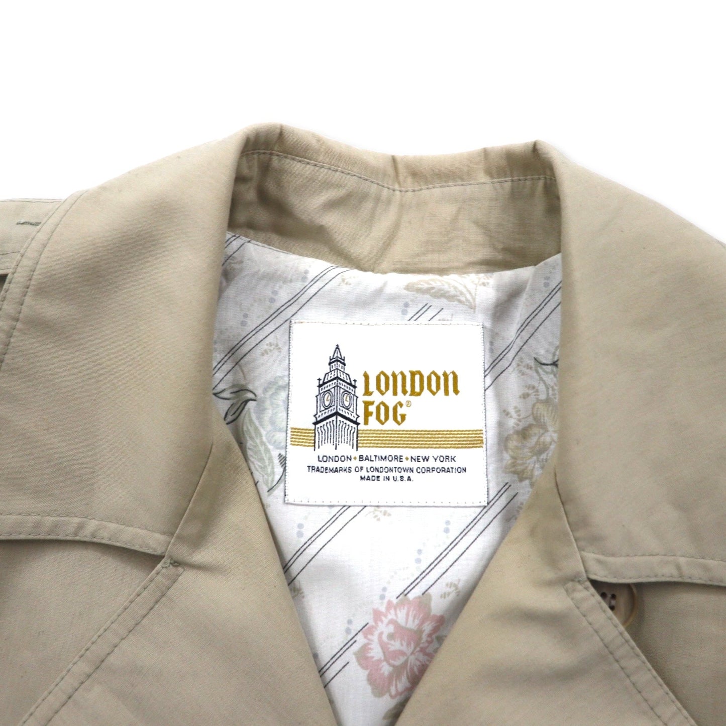 LONDON FOG 90s USA-Made Trench Coat, Size XL, Beige, Polyester and Cotton, Floral Lining