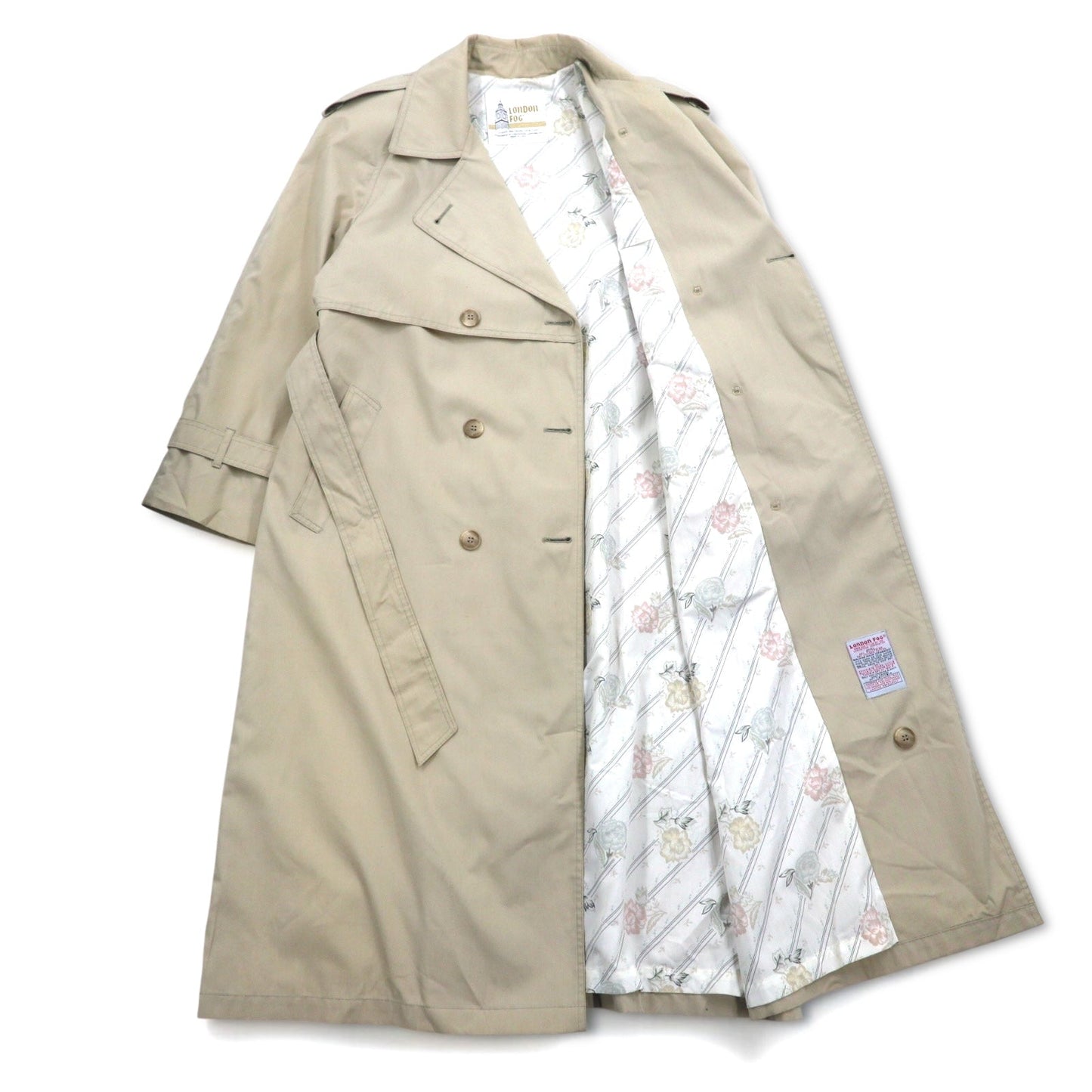 LONDON FOG 90s USA-Made Trench Coat, Size XL, Beige, Polyester and Cotton, Floral Lining