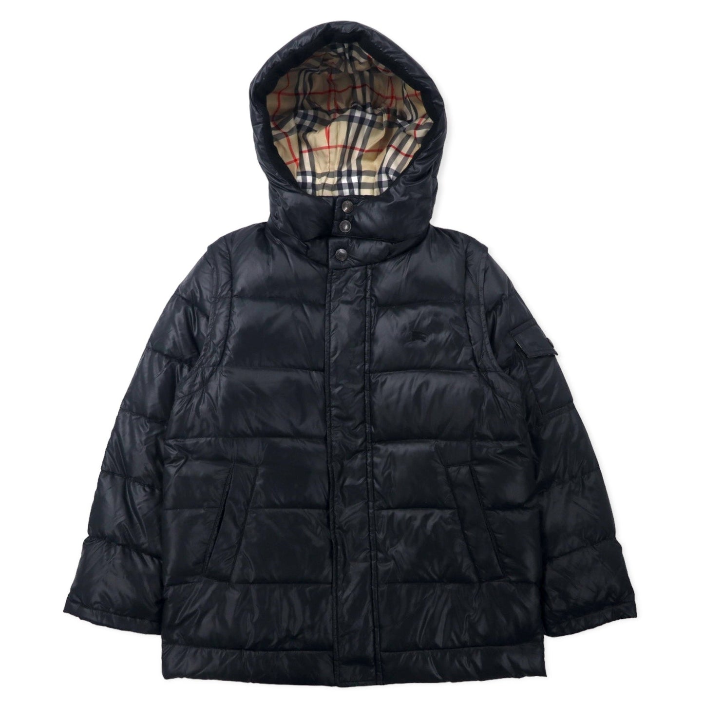 BURBERRY 2WAY ダウンジャケット ダウンベスト S ブラック ナイロン フード着脱式 袖着脱式 ワンポイントロゴ刺繍 裏地ノバチェック