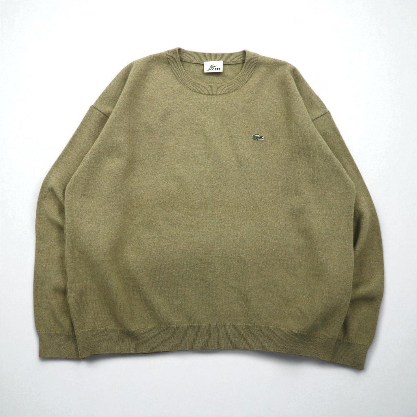 LACOSTE クルーネック セーター ニット L ベージュ ウール ワンポイントロゴ