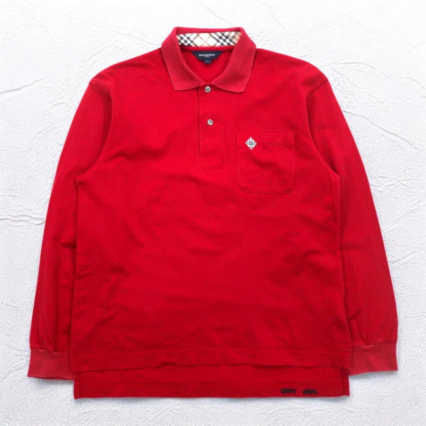 BURBERRY GOLF Long Sleeve Polo Shirt, Size S, Red, Cotton, Chest Pocket, One-Point Logo Embroidery