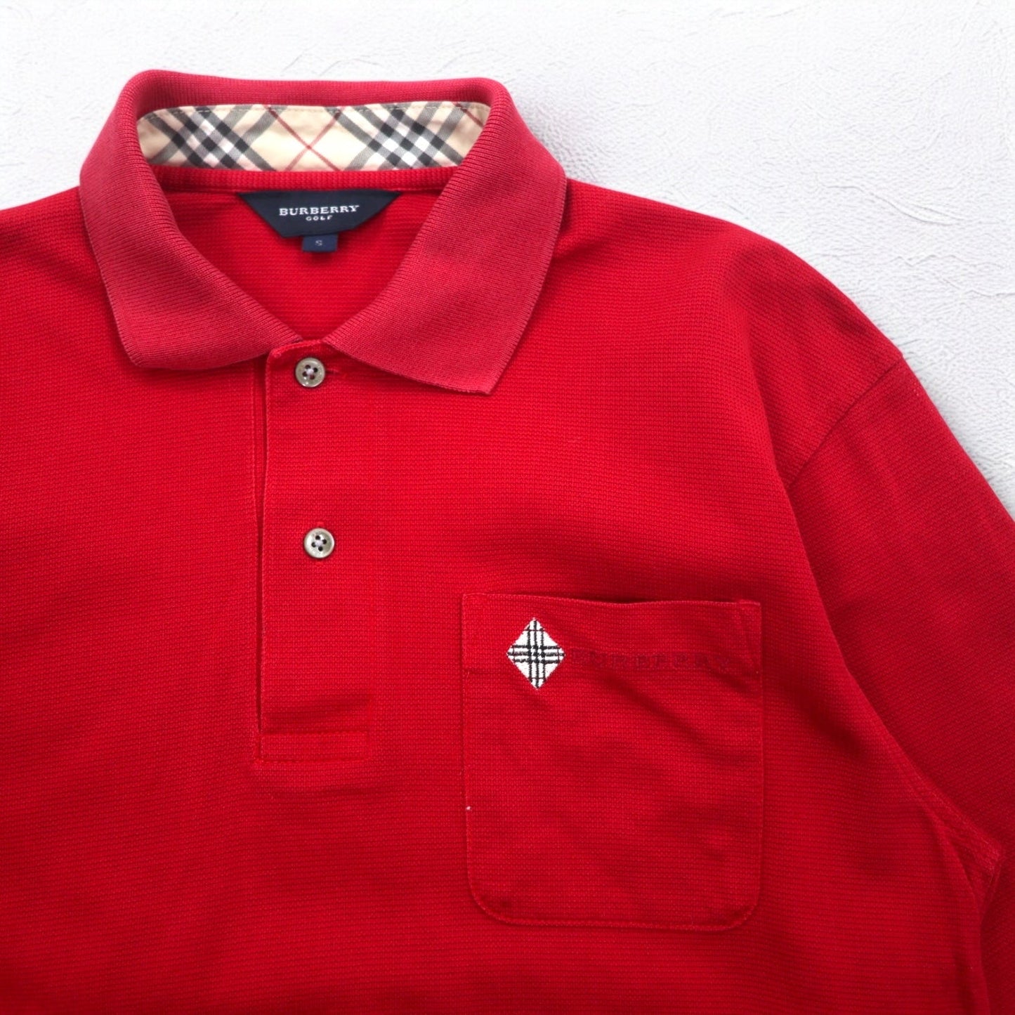BURBERRY GOLF Long Sleeve Polo Shirt, Size S, Red, Cotton, Chest Pocket, One-Point Logo Embroidery