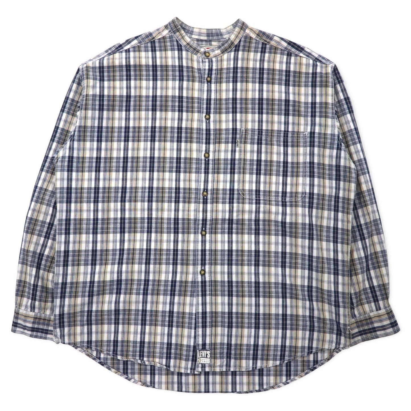 Levi's 90s Band Collar Shirt, Size XL, Beige and Navy Check, Cotton