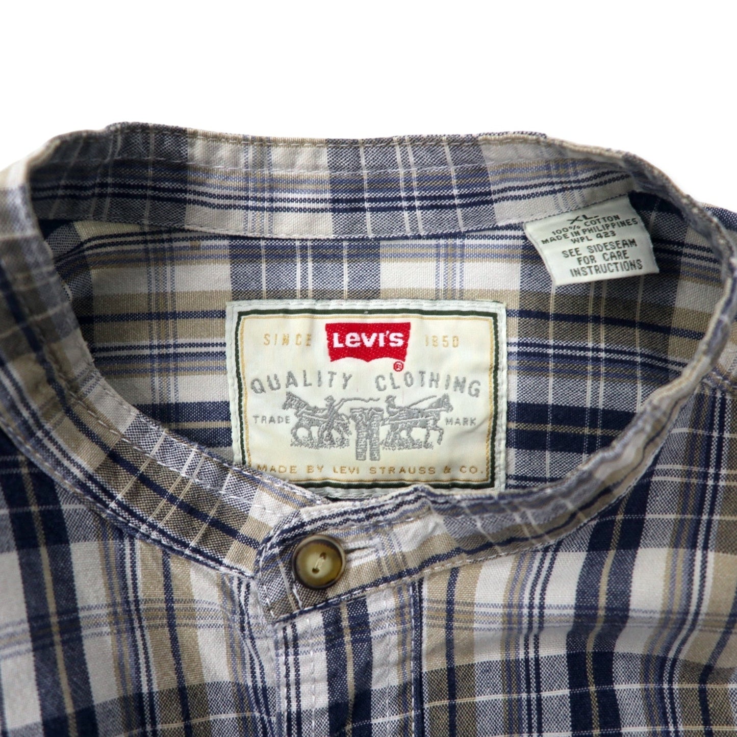 Levi's 90s Band Collar Shirt, Size XL, Beige and Navy Check, Cotton
