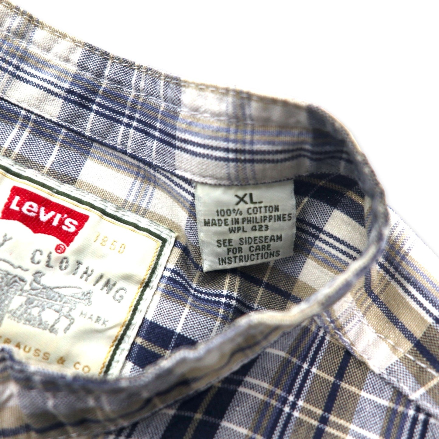 Levi's 90s Band Collar Shirt, Size XL, Beige and Navy Check, Cotton