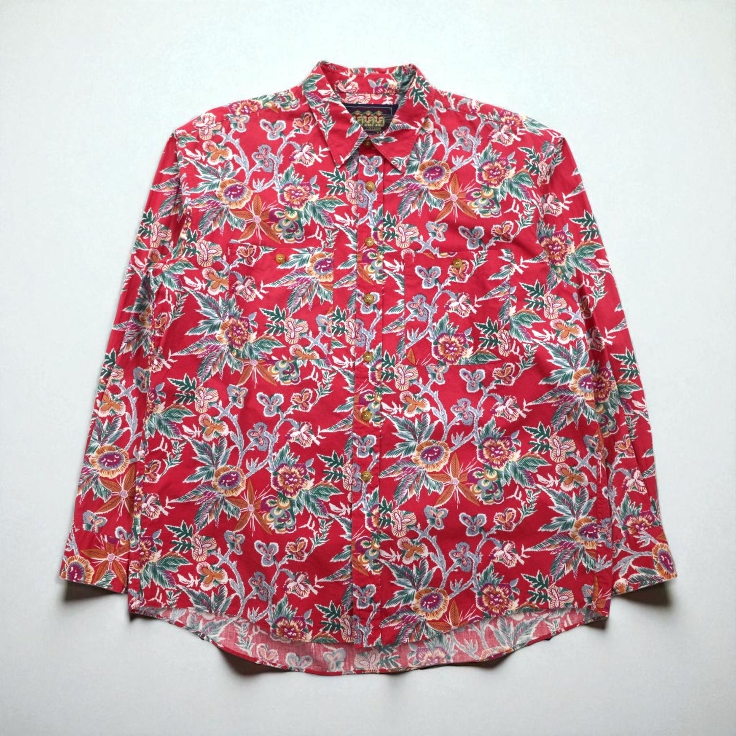 RALPH LAUREN 80年代 日本製 花柄シャツ 長袖 アロハシャツ L レッド ダブル 胸ポケット