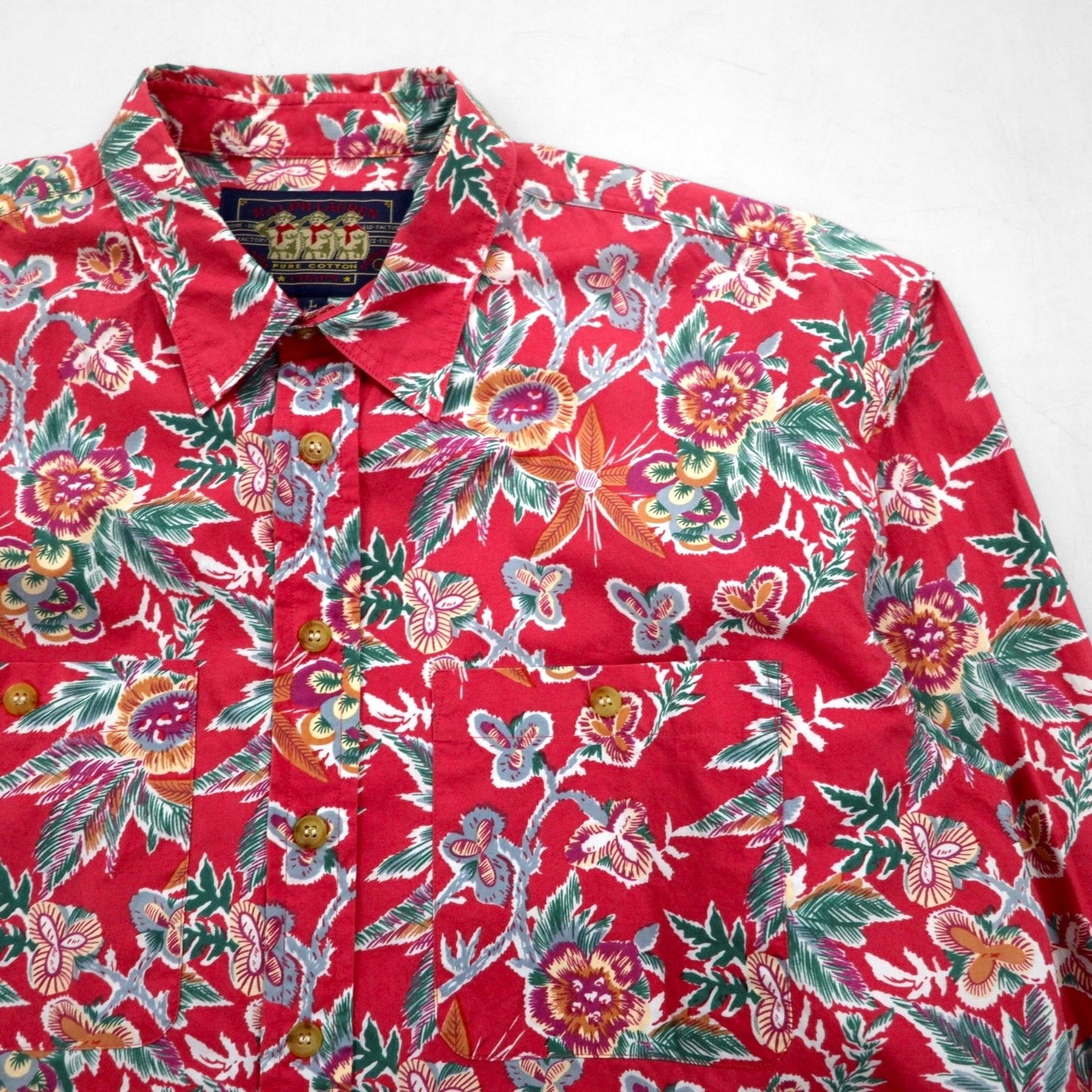 RALPH LAUREN 80年代 日本製 花柄シャツ 長袖 アロハシャツ L レッド ダブル 胸ポケット