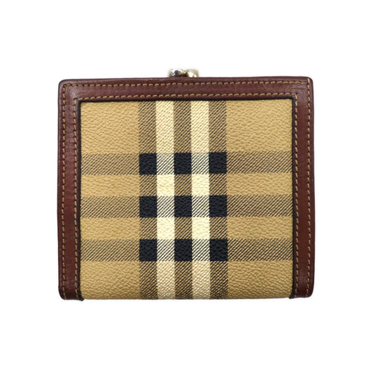 Burberry's Italian-made clasp bi-fold wallet in Nova check, beige, brown, PVC, and leather.
