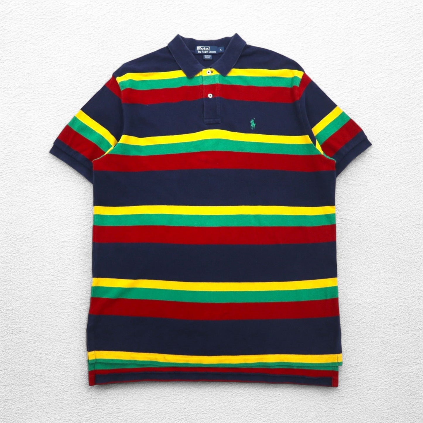 Polo by Ralph Lauren 90s Multi-Border Polo Shirt, Size L, Navy, Rasta Colors, Pique, Small Pony Embroidery