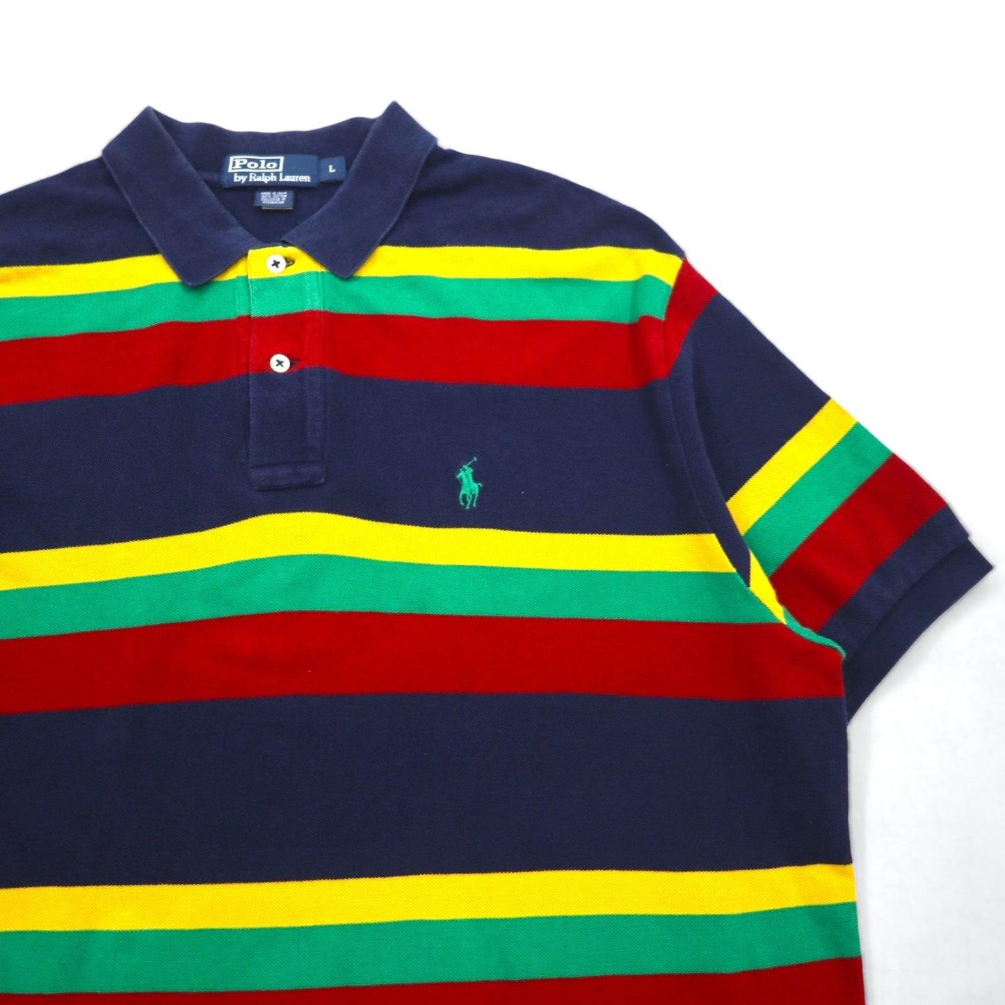Polo by Ralph Lauren 90s Multi-Border Polo Shirt, Size L, Navy, Rasta Colors, Pique, Small Pony Embroidery