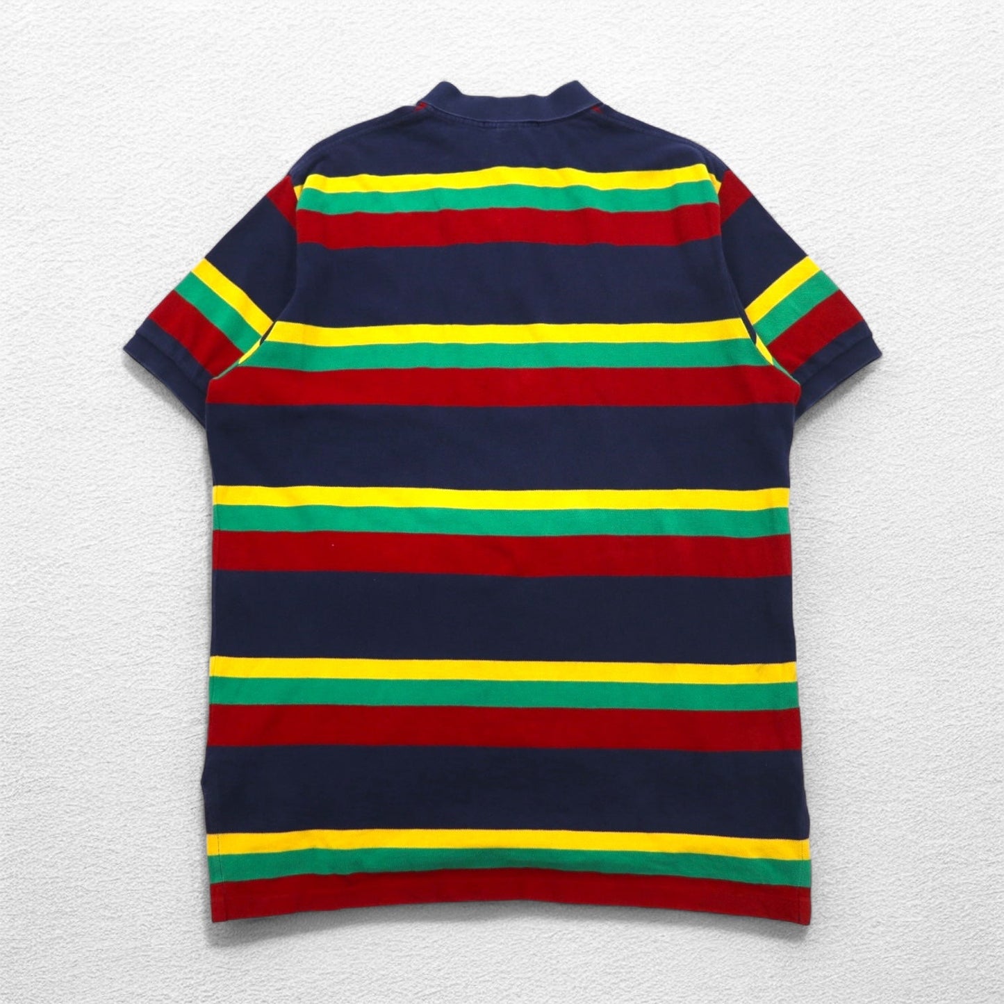 Polo by Ralph Lauren 90s Multi-Border Polo Shirt, Size L, Navy, Rasta Colors, Pique, Small Pony Embroidery