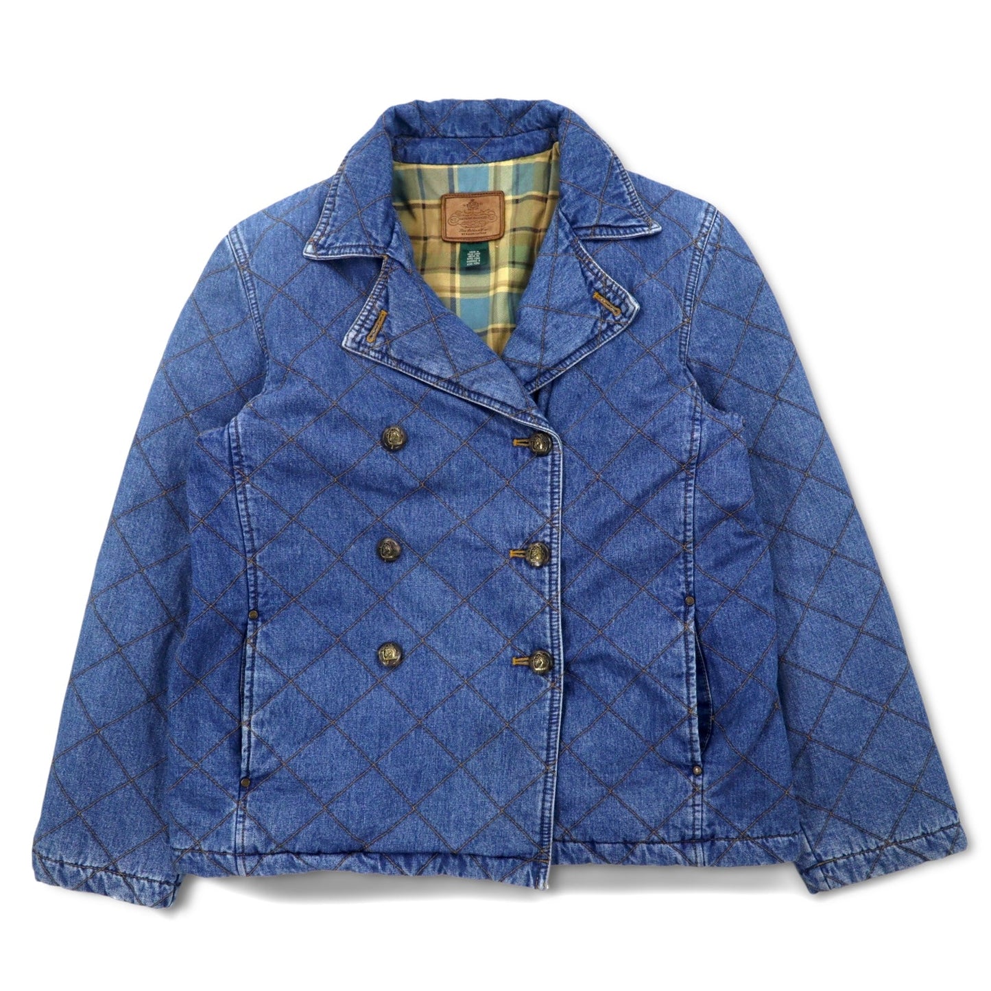 LAUREN JEANS CO. 90年代 ダブルブレスト キルティング デニムジャケット Pコート XL インディゴ ブルー 中綿 裏地チェック
